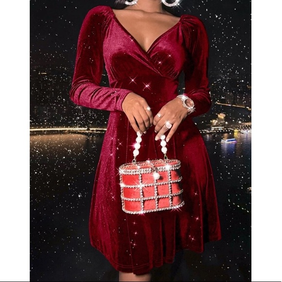 Burgundy velvet  surplice neckline long sleeve A line mini dress - Picture 9 of 15